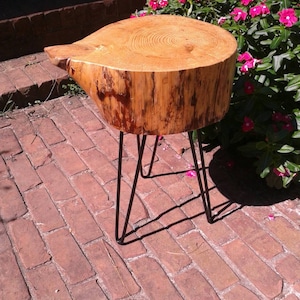 Op de afbeelding: Een houten bijzettafel gemaakt van een boomstamschijf met een natuurlijke houtkleur. De tafel heeft drie zwarte haarspeldpoten en staat op een terras van bakstenen.