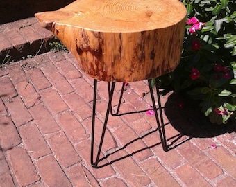 Chunky Pine Cookie Side Table on Black Hairpin Tripod - Plant Stand Statue Base