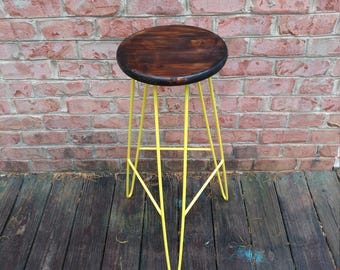 Hairpin Bar Stool - Dark Walnut Top Yellow Base  - Custom Heights Available