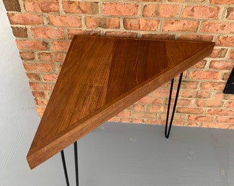 Tall corner triangle table with black hairpin legs poplar wood stained honey brown