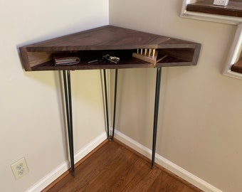 Pocket Storage Triangle Corner Table Black Walnut Wood -  Beeswax coated hairpin legs