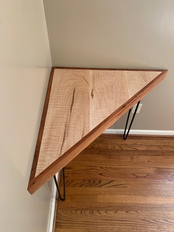 Triangle corner desk table Figured Maple and Cherry Black hairpin legs Etsy