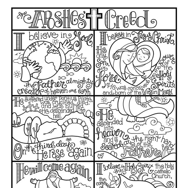 Apostles' Creed coloring page in three sizes: 8.5X11, 8X10 suitable for framing, 6X8 for Bible journaling tip-in