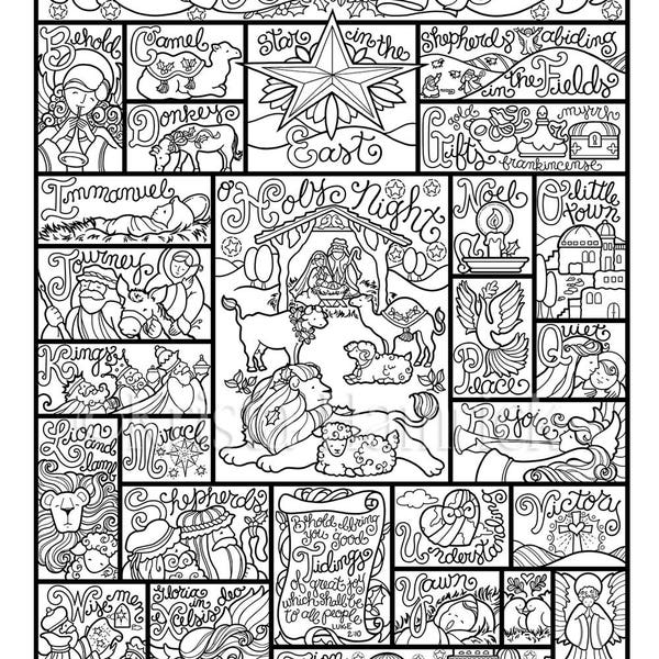 Nativity Alphabet  coloring page in three sizes: 8.5X11,  8X10 suitable for framing, 6X8 for Bible journaling tip-in