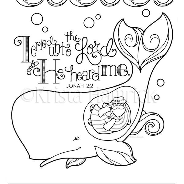 Jonah and the Whale coloring page 8.5X11, Bible journaling tip-in 6X8