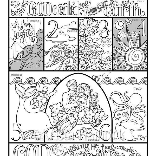 Days of Creation  coloring page in three sizes: 8.5X11,  8X10 suitable for framing, 6X8 for Bible journaling tip-in