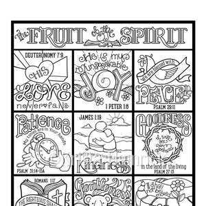 The Fruit of the Spirit  coloring page in three sizes: 8.5X11,  8X10 suitable for framing, 6X8 for Bible journaling tip-in