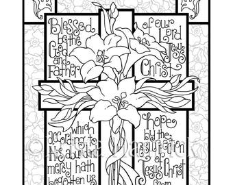 Easter Lily Cross  coloring page in two sizes: 8.5X11, Bible journaling tip-in 6X8