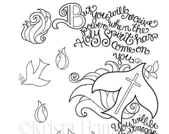 May include: Black and white line art illustration of a dove, flames, and a cross with the text "But you will receive power when the Holy Spirit has come on you. You will be witnesses to Me in Jerusalem, in all Judea and Samaria, and to the uttermost parts of the earth." and "Acts 1:8".