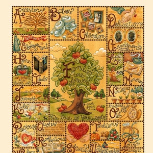 May include: A colourful quilt panel with a patchwork design featuring a tree with apples and the words "Families are Forever". The panel is surrounded by squares with letters and words like "ancestors", "babies", "home", "journeys", "kids", "precious quotes", "wisdom", "family", "dedication", "grandparents", "memories", "nurturing", "the good old days", "traditions", "vows", "years go by", "forever more". The panel is 67.3 cm by 86.4 cm and has a cream border that makes it 91.4 cm by 106.7 cm.