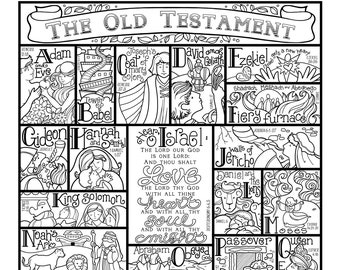 May include: Black and white illustration of a grid of squares, each containing a different scene from the Old Testament. The scenes include Adam and Eve, Joseph's Coat of Many Colors, David and Goliath, Ezekiel, Gideon, Hannah and Samuel, Hear O Israel, Walls of Jericho, Daniel and the Lions, Noah's Ark, Abraham Obeyed God, Passover, Queen Esther, Ruth, Remember the Sabbath Day, Ten Commandments, Unleavened Bread, The Temple Veil, Jonah and the Whale, I Will Exalt You My God, Yahweh, I Am Who I Am, and Zion.