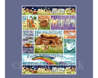 FABRIC PANEL Noah and the Ark cotton quilt fabric panel  Overall fabric size 36X42 **Please Read Shipping Details Below**