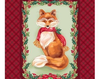 FABRIC PANEL Christmas Fox cotton quilt fabric panel  Overall fabric size 36X42 **Please Read Shipping Details Below**