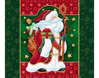 FABRIC PANEL Traveling Santa cotton quilt fabric panel Overall fabric size 36X42 **Please Read Shipping Details Below**