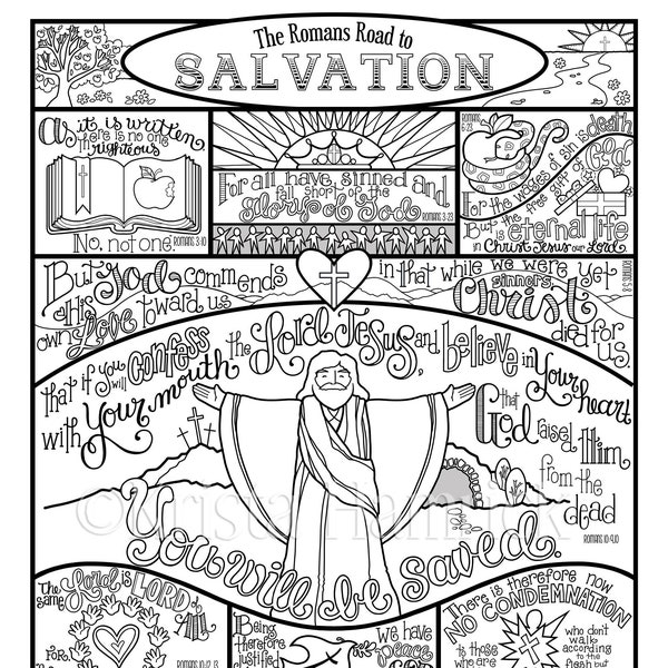The Romans Road to Salvation coloring page in three sizes: 8.5X11, 8X10 suitable for framing, 6X8 for Bible journaling tip-in