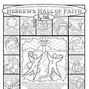 May include: A black and white illustration of a comic book style story about faith. The comic book panels depict scenes from the Bible, including Noah's ark, Abraham and Isaac, and Moses parting the Red Sea. The title of the comic book is "Hebrews Hall of Faith".