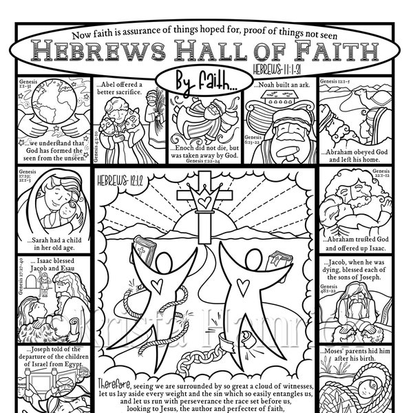 Hebrews Hall of Faith  coloring page in three sizes: 8.5X11, 8X10, 6X8 for Bible journaling tip-in