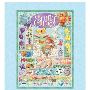 May include: A colorful fabric quilt panel with a spring theme. The panel features a variety of images, including a robin, a bunny, a soccer ball, a squirrel, and a butterfly. The panel is surrounded by a blue floral background. The text "Spring" is written in a purple oval in the upper center of the panel. The panel is 25.5 inches by 35 inches. The fabric size with blue floral background is 36 inches by 42 inches.