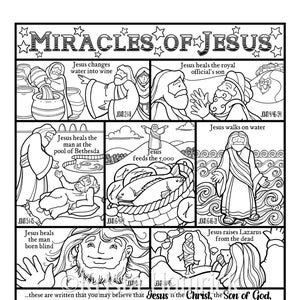 Miracles of Jesus  coloring page in three sizes: 8.5X11, 8X10 suitable for framing, 6X8 for Bible journaling tip-in