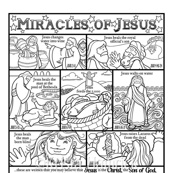 Miracles of Jesus  coloring page in three sizes: 8.5X11, 8X10 suitable for framing, 6X8 for Bible journaling tip-in