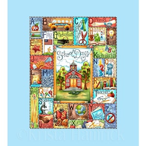 May include: A colorful quilt panel with a schoolhouse in the center surrounded by squares with school-related words and images. The words include "School Days", "Graduation", "Reading", "Teacher", "Math", "Science", "Varsity", "Diploma", "History", "Kindergarten", "Lunch", "Quiz", "Yearbook", "Exams", "Ideas", "Jay Vee", "Flag", "A+", "ABC", "123", "Zoom!" and "No More Pencils No More Books".
