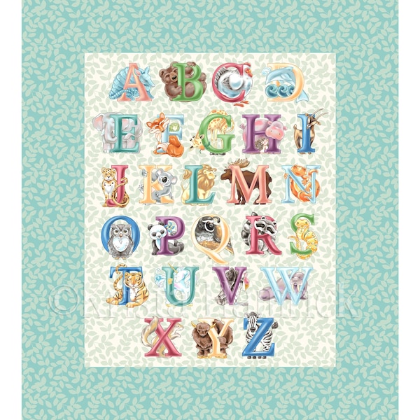 FABRIC PANEL  Baby Animal Alphabet cotton quilt fabric panel Overall size 36X42  Green, Pink or Blue **Please Read Shipping Details Below**