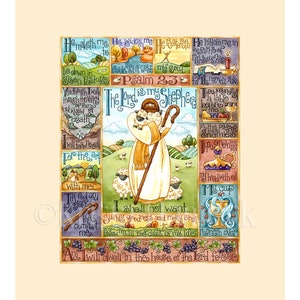 May include: A colourful quilt panel with a pastoral scene of a shepherd with sheep. The panel features the text "Psalm 23: The Lord is my Shepherd" and verses from the bible. The image size is 24 inches by 30 inches and the fabric size with cream border is 36 inches by 42 inches.