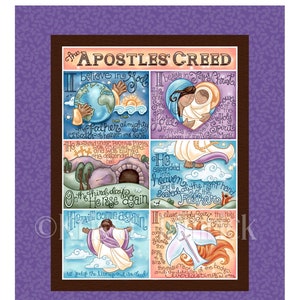 Op de afbeelding: Een kleurrijk stoffen quiltpaneel met de tekst van het Apostolische Geloofsbelijdenis. Het paneel is verdeeld in zes vierkanten, elk met een andere illustratie die een deel van het geloofsbelijdenis voorstelt. Het paneel is 26,5 inch bij 34,25 inch en heeft een bladrand die het 36 inch bij 42 inch maakt.