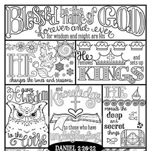 May include: Black and white line art coloring page with religious text and illustrations. Features the words "Blessed be the name of God" and "Daniel 2:20-22". Includes an owl, crowns, and other decorative elements.