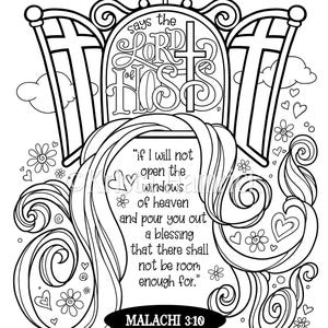 May include: Black and white line art of a religious illustration with text. The image features ornate lettering, crosses, clouds, flowers, and hearts. The text includes a quote from Malachi 3:10.