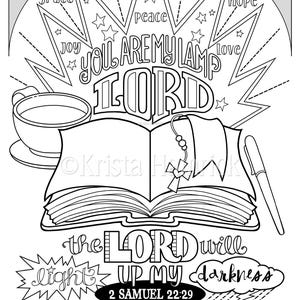 May include: Black and white line art illustration with the text "YOU ARE MY LAMP LORD" and "the LORD will UP MY darkness". Includes an open book, a cup of coffee, a pen, and a cross. The image also has the text "2 SAMUEL 22:29".