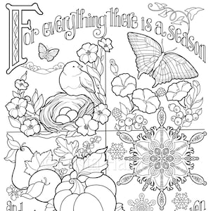 May include: Black and white line art illustration with the text "For everything there is a season and a time for every purpose under heaven" from Ecclesiastes 3:1. The image features a butterfly, bird, nest, flowers, fruit, pumpkin, and snowflakes.