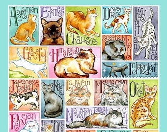 ART PRINT  Cat Alphabet-- original art print 8X10, 11X14
