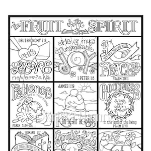 May include: Black and white coloring page featuring the "Fruit of the Spirit" from the Bible. The page includes nine different fruits: love, joy, peace, patience, kindness, goodness, faithfulness, gentleness, and self-control. Each fruit is illustrated with a unique design and includes a Bible verse.
