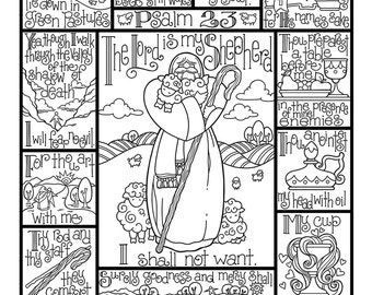 Psalm 23  coloring page in three sizes: 8.5X11,  8X10 suitable for framing, 6X8 for Bible journaling tip-in