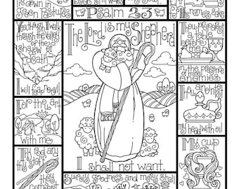 Psalm 23  coloring page in three sizes: 8.5X11,  8X10 suitable for framing, 6X8 for Bible journaling tip-in