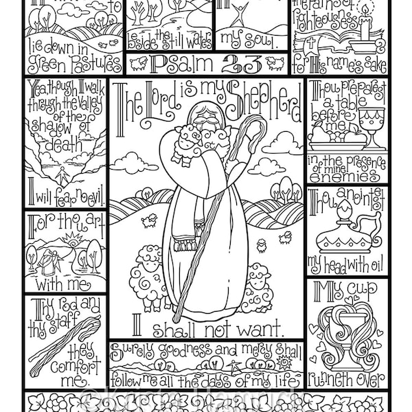 Psalm 23  coloring page in three sizes: 8.5X11,  8X10 suitable for framing, 6X8 for Bible journaling tip-in