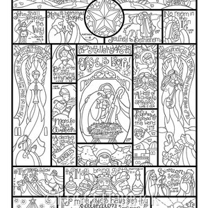 Story of the Nativity  coloring page in three sizes: 8.5X11,  8X10 suitable for framing, 6X8 for Bible journaling tip-in
