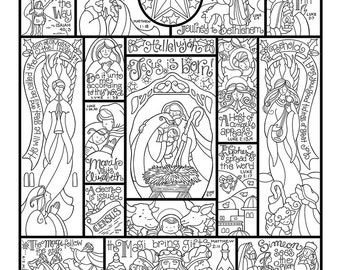 Story of the Nativity  coloring page in three sizes: 8.5X11,  8X10 suitable for framing, 6X8 for Bible journaling tip-in