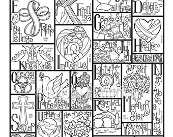 Pagina da colorare Nome sopra tutti i nomi in tre dimensioni: 8,5X11, 8X10 adatta per l'incorniciatura, 6X8 per il diario biblico