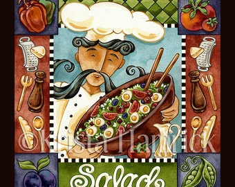 ART PRINT  Salad Chef-- Kitchen Art, original art print 8X8, 12X12