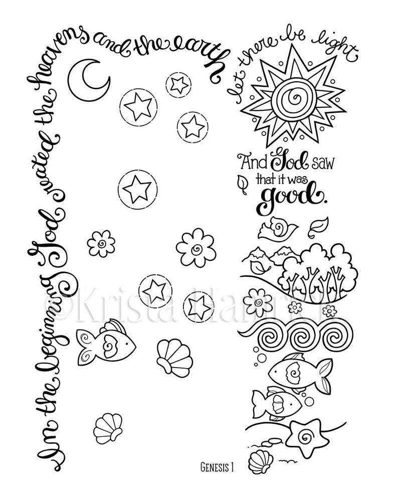May include: Black and white colouring page featuring a sun, moon, stars, flowers, fish, and seashells. The text "In the beginning God created the heavens and the earth let there be light" and "And God saw that it was good." is included. The page is titled "Genesis 1".