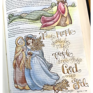 Ruth coloring page in two sizes: 8.5X11, Bible journaling traceable or tip-in 6X8 image 2