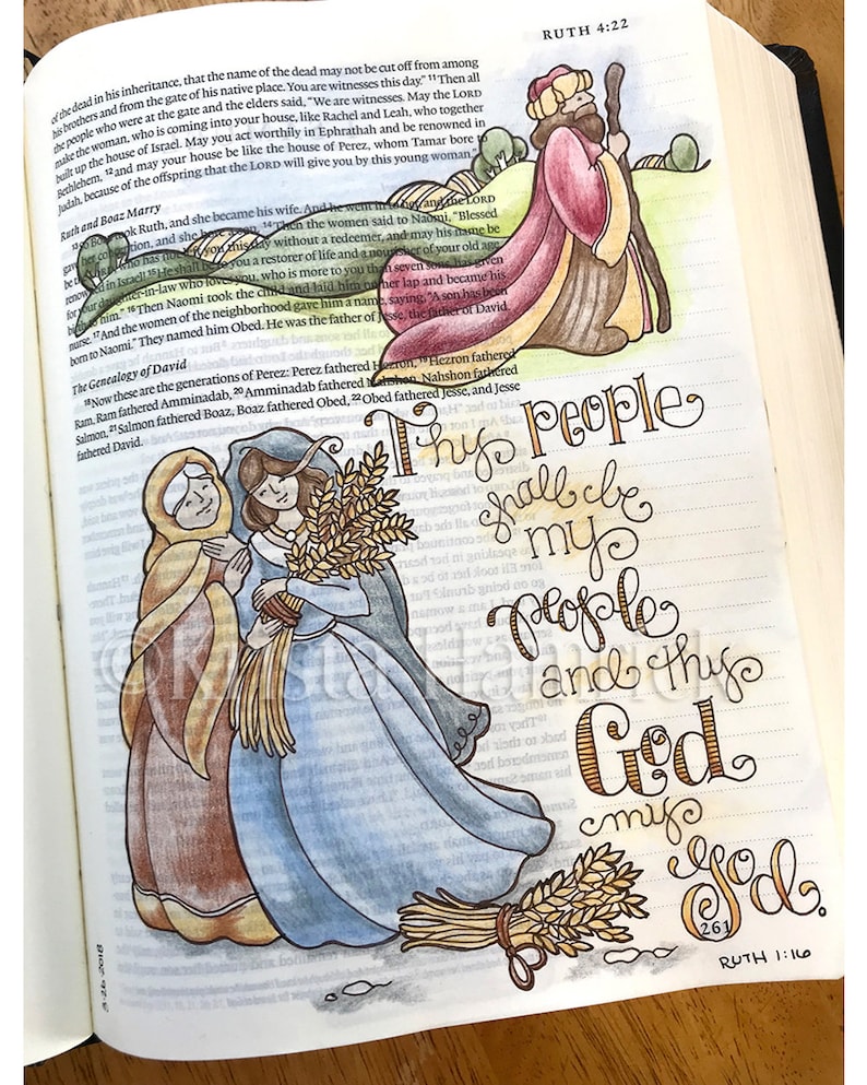 Ruth coloring page in two sizes: 8.5X11, Bible journaling traceable or tip-in 6X8 image 2