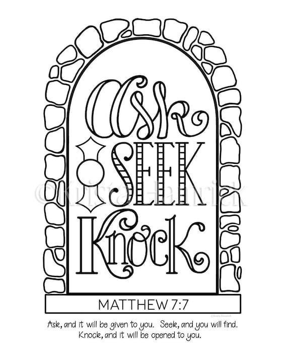 Ask, Seek, Knock coloring page in two sizes: 8.5X11, Bible journaling tip-in 6X8