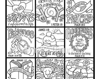 The Fruit of the Spirit  coloring page in three sizes: 8.5X11,  8X10 suitable for framing, 6X8 for Bible journaling tip-in