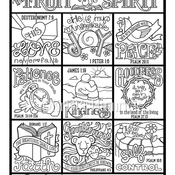 The Fruit of the Spirit  coloring page in three sizes: 8.5X11,  8X10 suitable for framing, 6X8 for Bible journaling tip-in