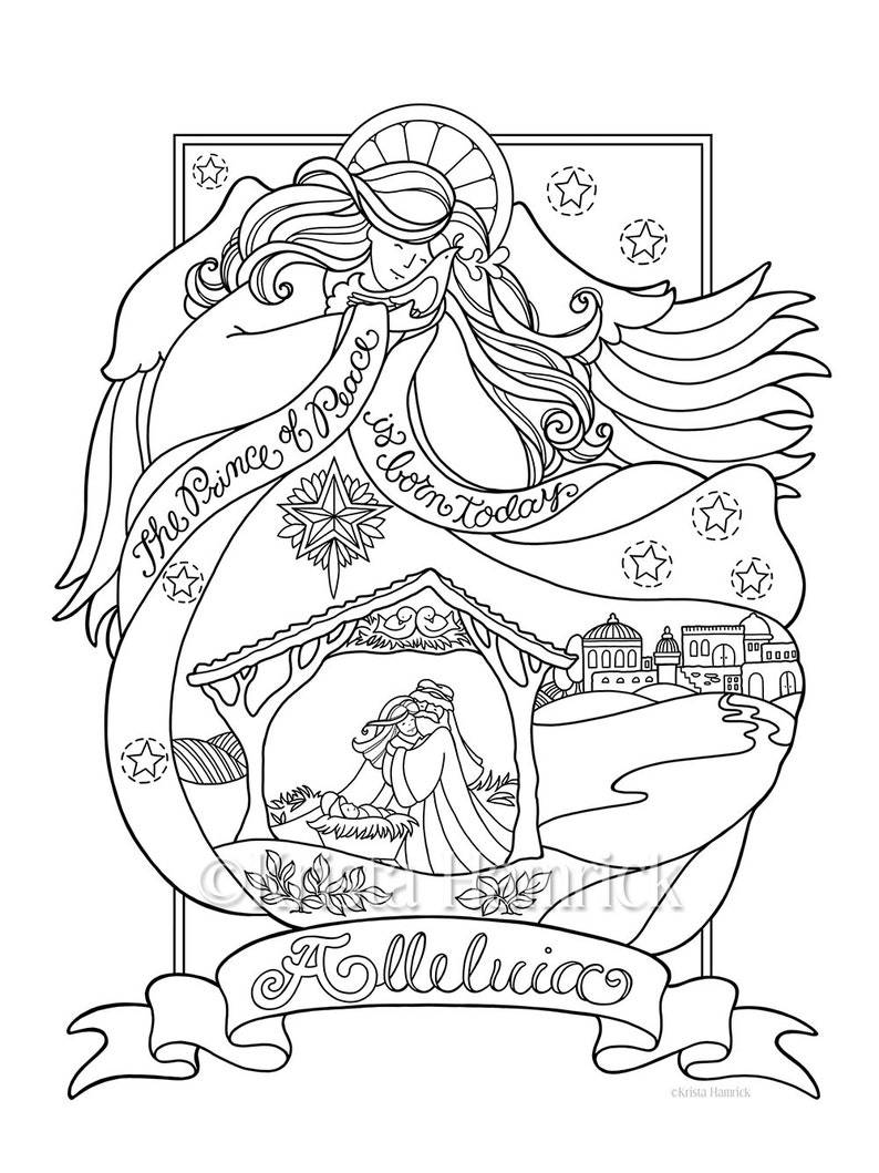 Angel Nativity coloring page in three sizes: 8.5X11, 8X10 suitable for framing, 6X8 for Bible journaling tip-in image 1