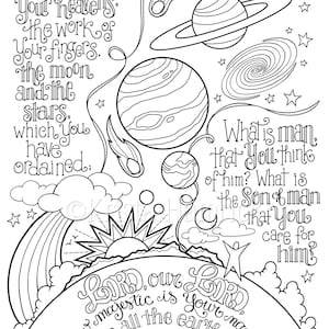 May include: Black and white line art illustration of a celestial scene with planets, stars, and a rainbow. The image includes scriptural text from Psalm 8:3-4, 9, with the words "LORD, our LORD, how majestic is your name in all the earth!"