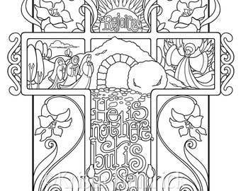 He is Not Here; But is Risen! / Luke 24:6   coloring page in two sizes_ 8.5X11, Bible journaling tip-in 6X8